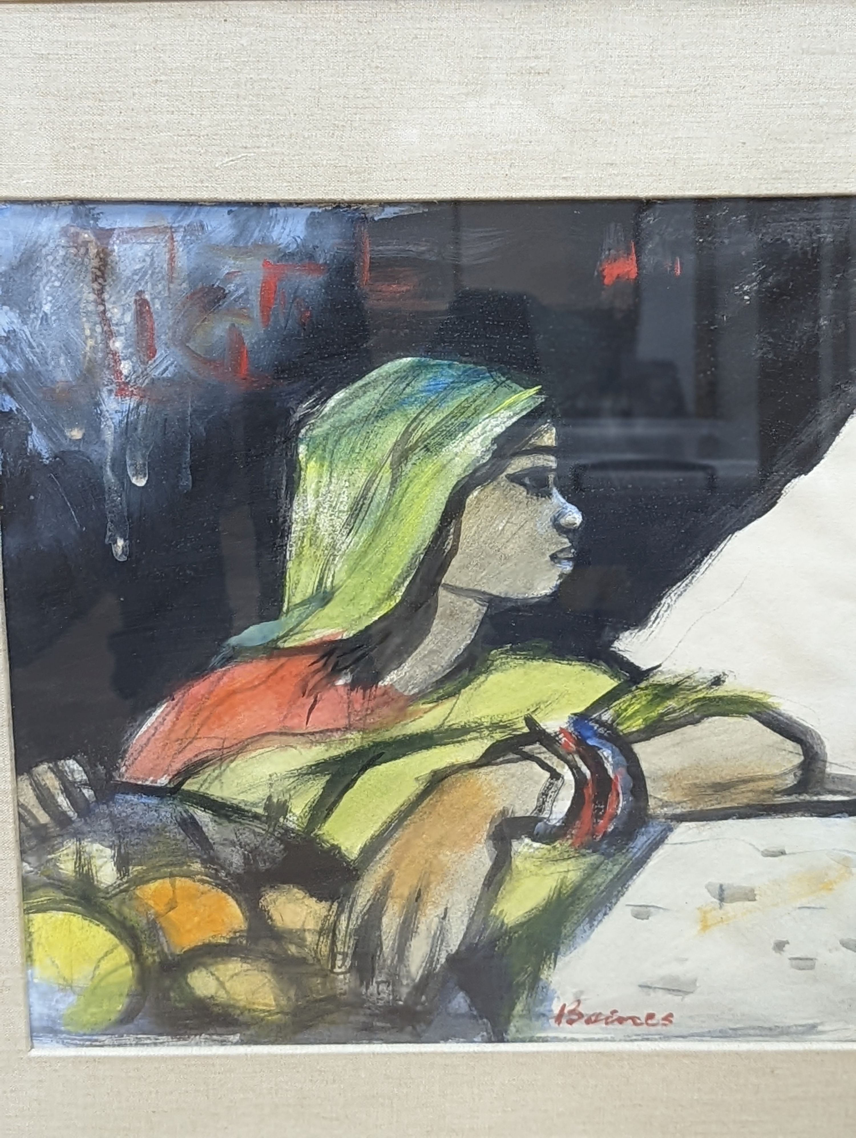 Harry Baines (1910-1995), five assorted works, 'Fruit Seller, Bombay', abstract 'Deccan Hills', 'Maithuna' and 'Marwari Woman', signed, some with labels, largest 42 x 57cm